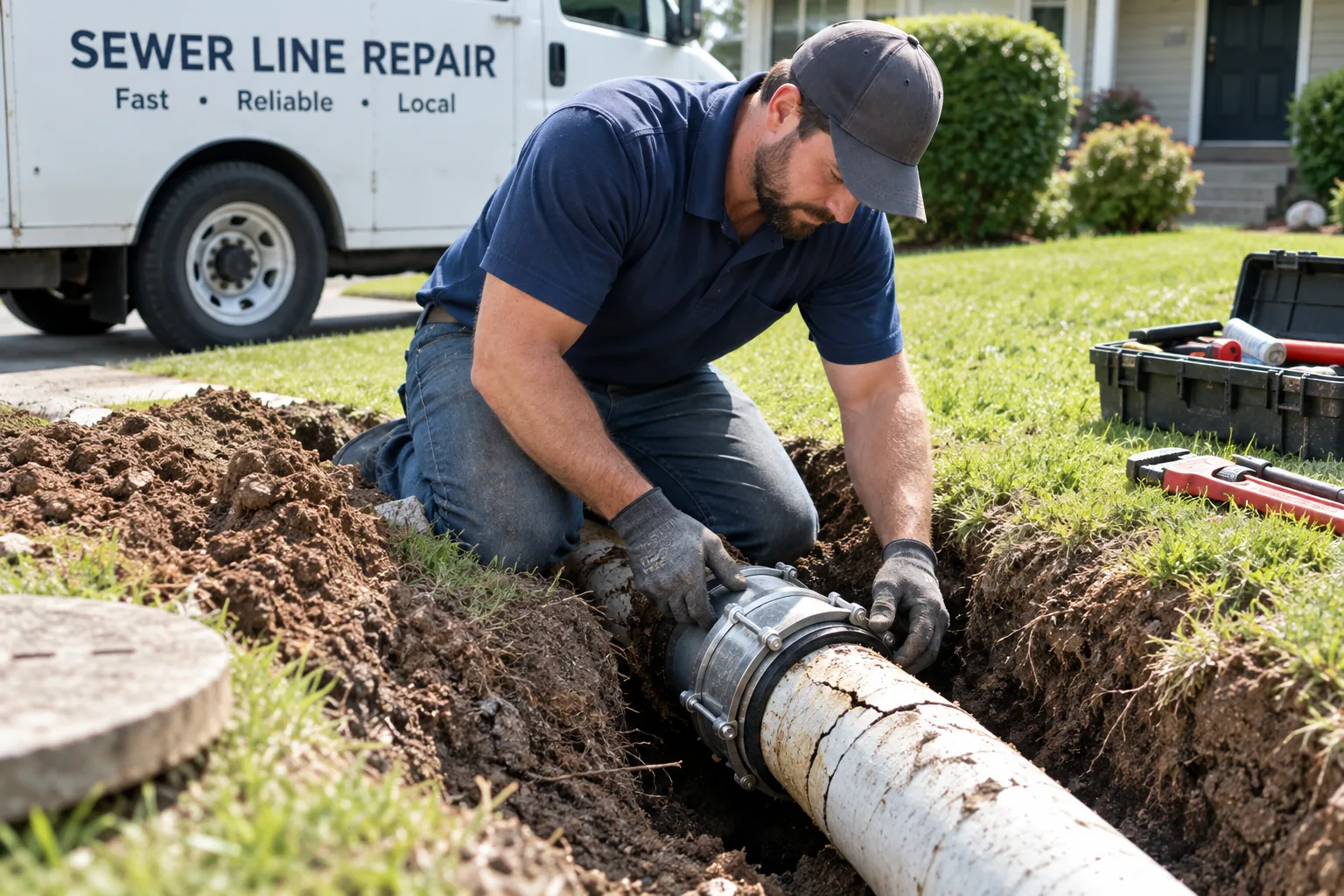 Sewer line repair technician fixing a cracked pipe in Murfreesboro, TN