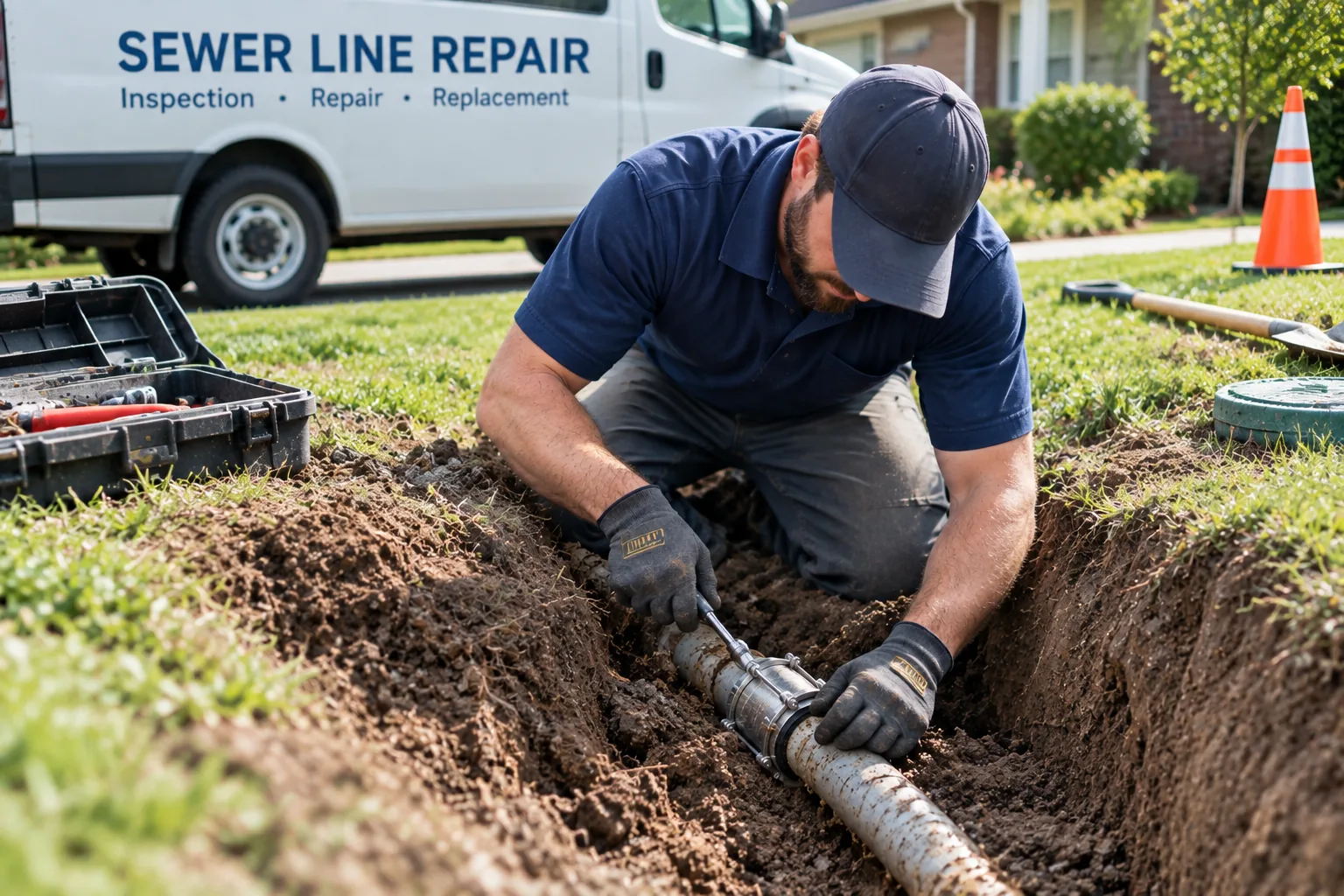 Sewer line replacement in an open trench at a Murfreesboro, TN home
