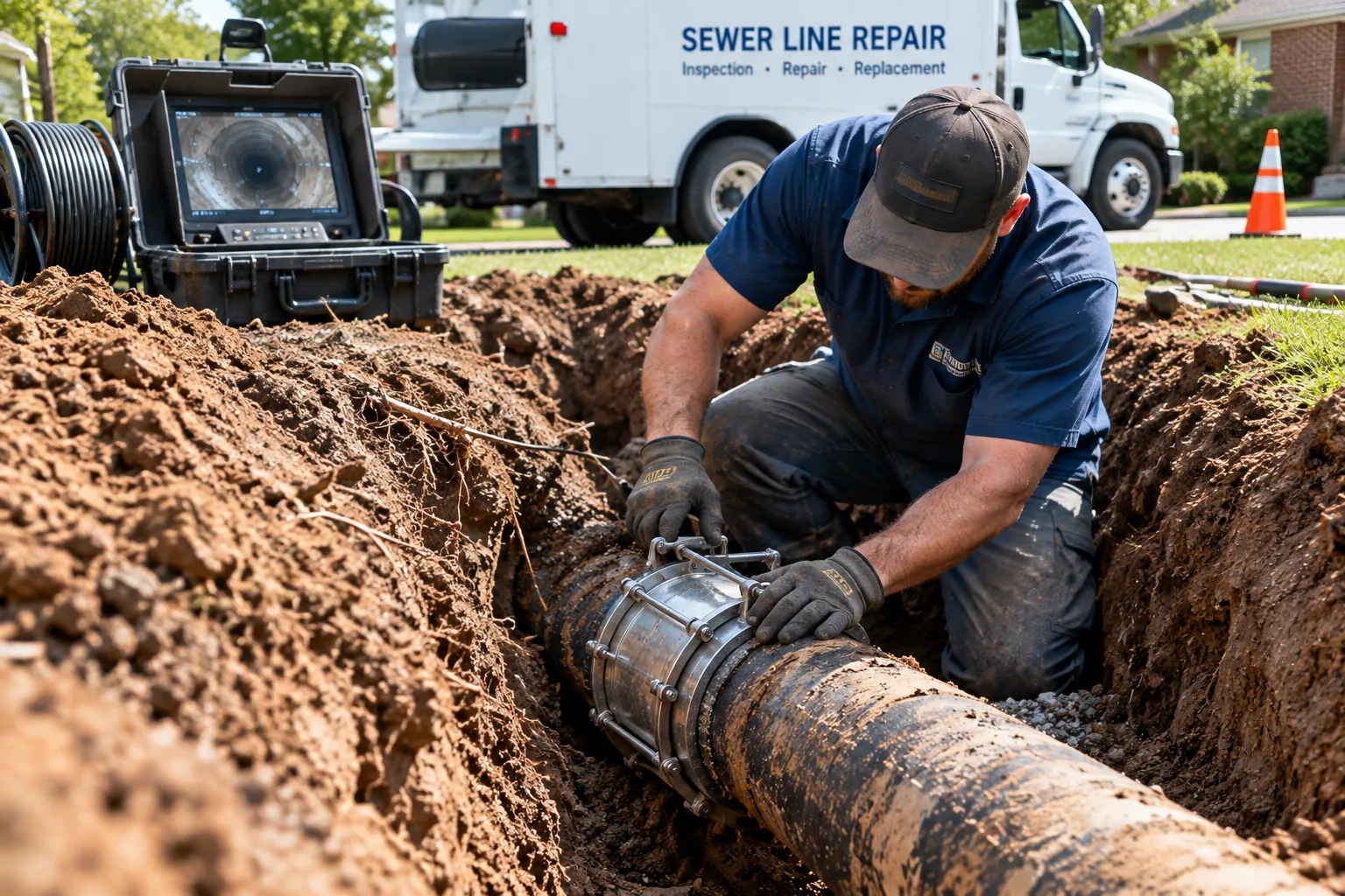 Trenchless sewer repair crew working a minimal-dig access point in Murfreesboro, TN